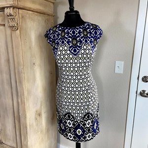 Blue & Yellow Print Fitted Dress